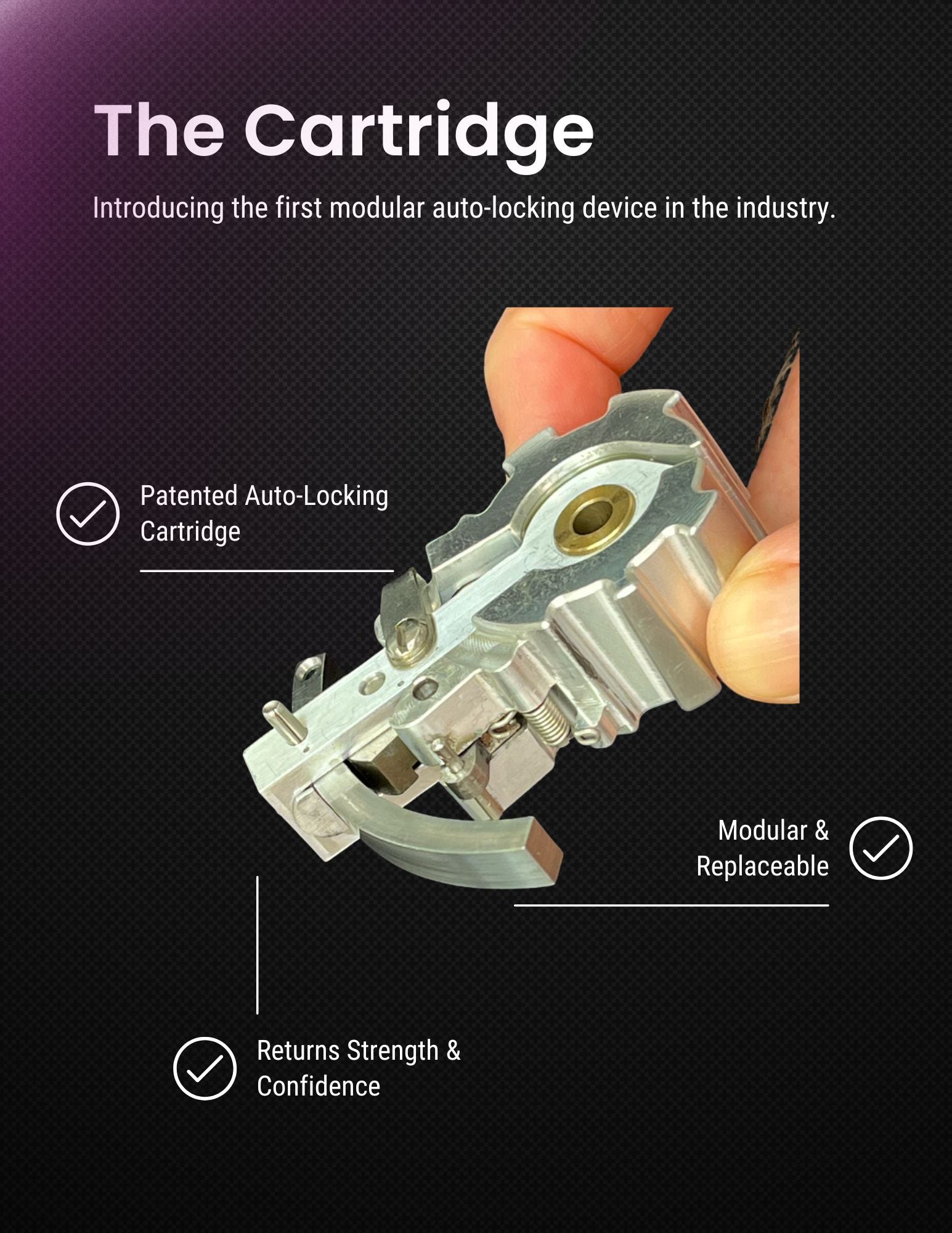 Modular prosthetic auto-locking device with text highlighting features on a dark background
