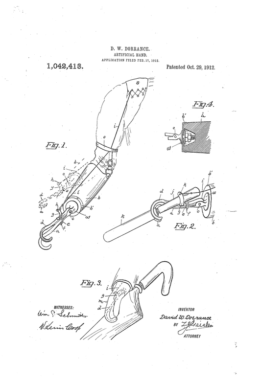 Patent drawing of David W. Dorrance’s 1912 split hook prosthetic design, precursor to the Hosmer hook.