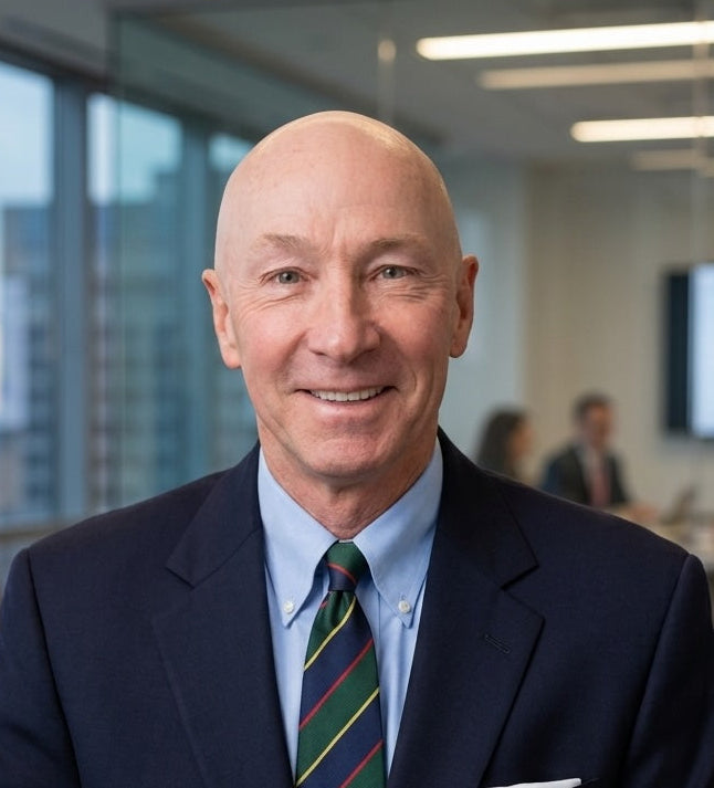 Man in a suit and tie sitting in an office with a cityscape view