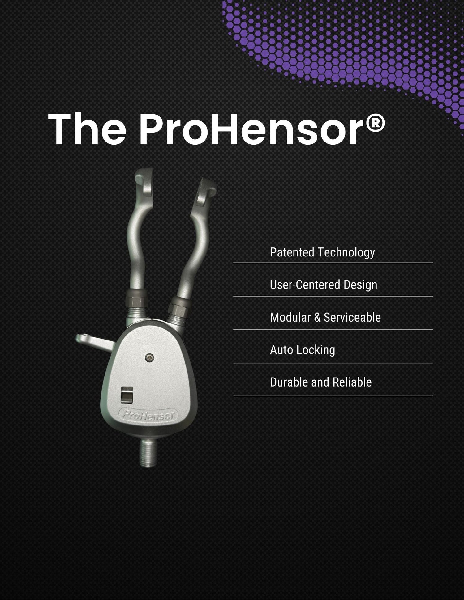 ProHensor prosthetic body powered terminal device with features listed on a dark background