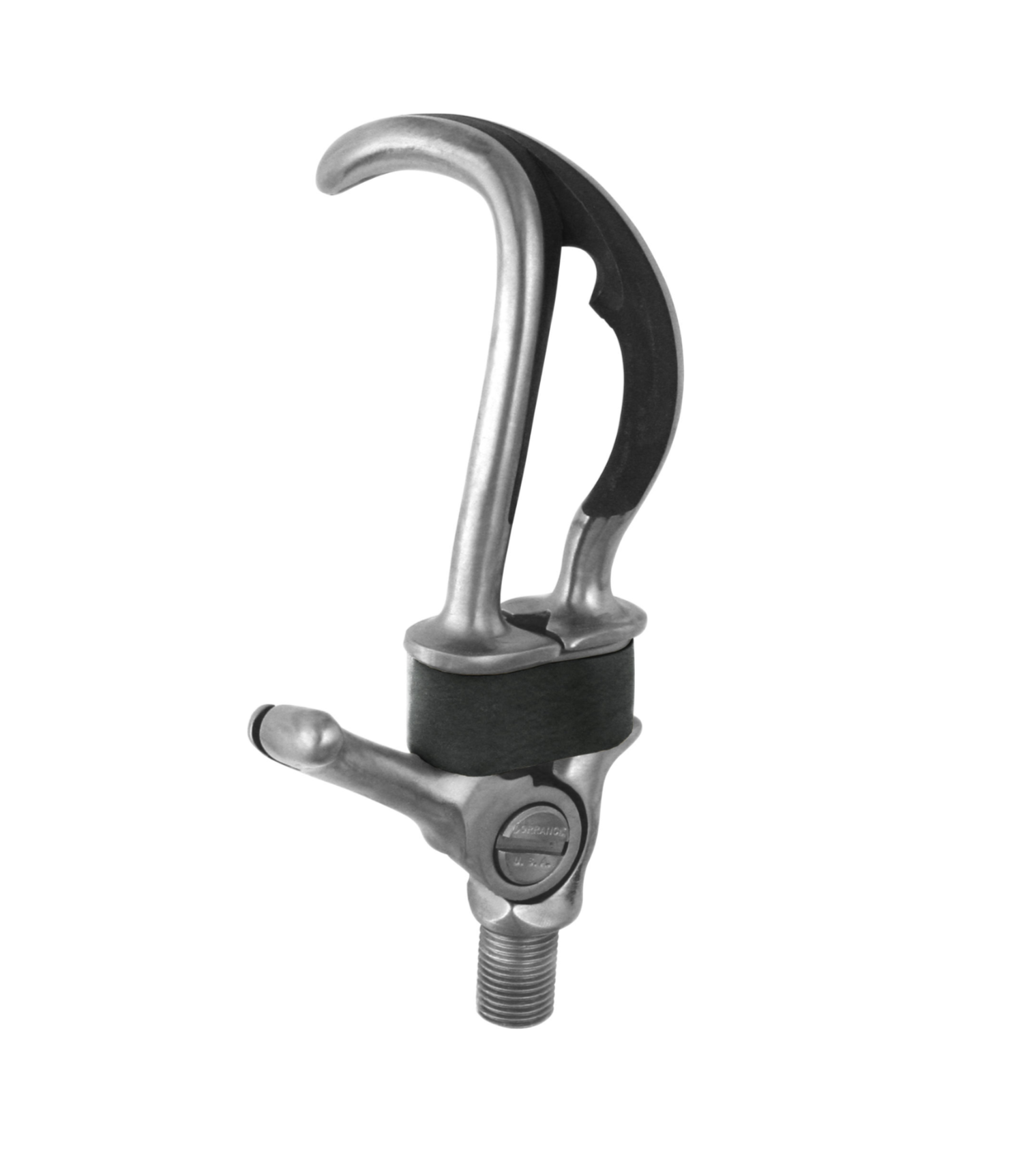 A close up image of the Hosmer Hook with a black rubberband on a white background.